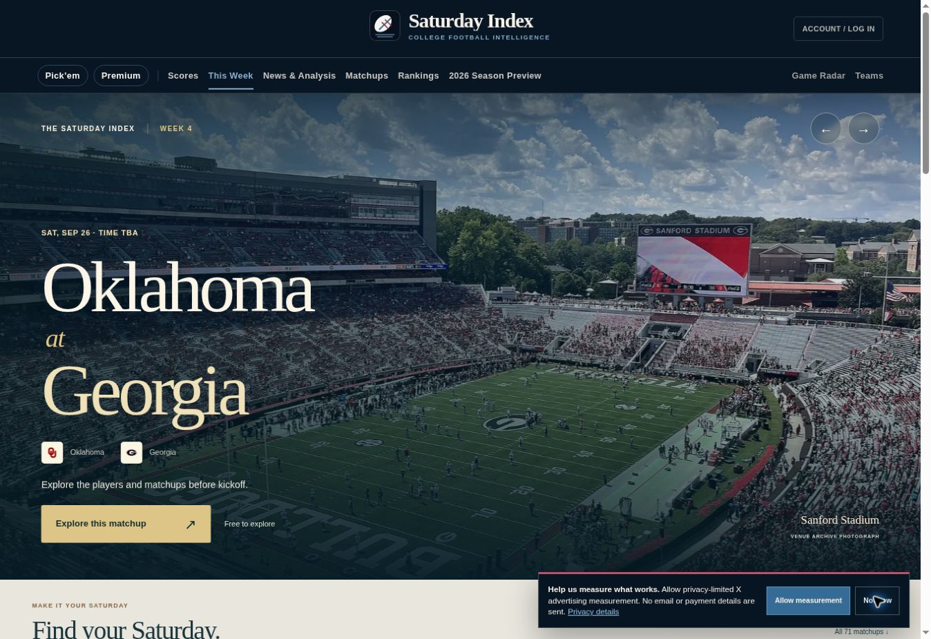 Saturday Index homepage showing the Oklahoma at Georgia matchup