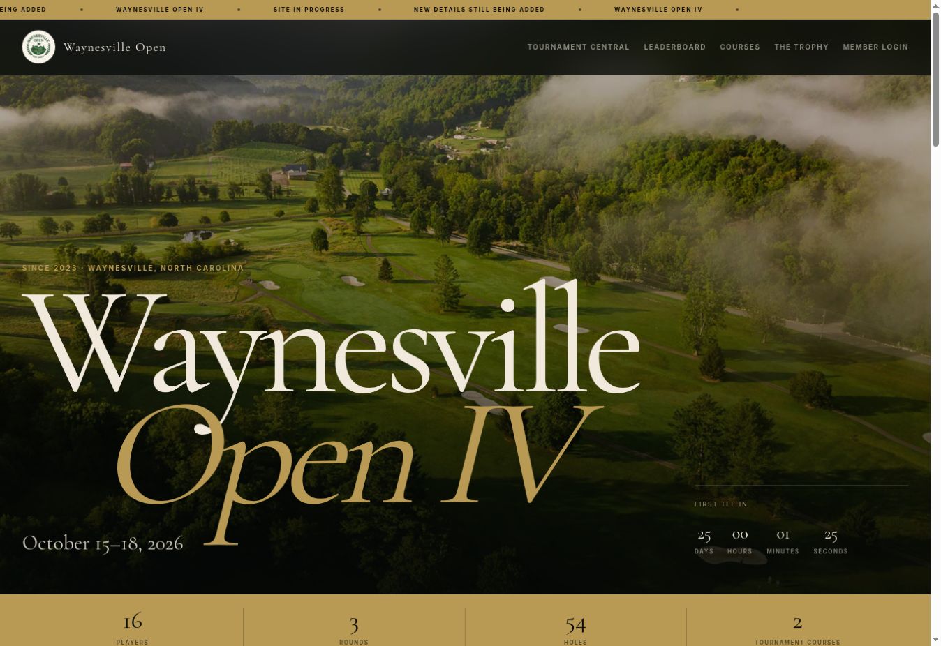 Waynesville Open tournament homepage featuring a mountain golf course
